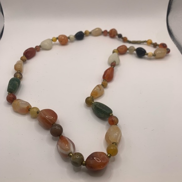 Jewelry - Vintage Gold Tone Stone with Brass beads 25” Long Barrel Closure Boho Southwest